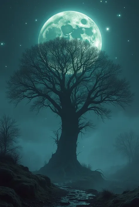 A tree with a never found element in the world covering the tree from outside and a half moon and half sun
dark