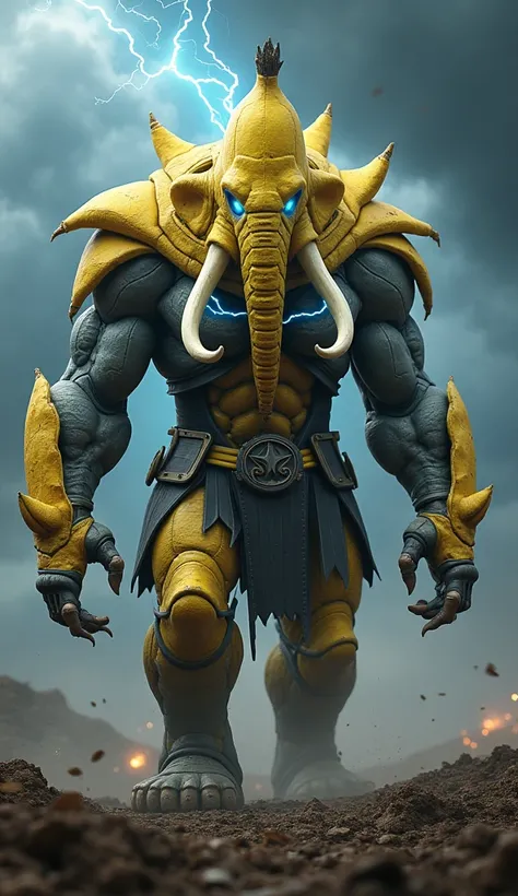 "Create 32k Ultra-realistic masterpiece of a dangerous hybrid fusion featuring a mutated Elephant, Banana, and Mjölnir as a costume, combined into one unique creature. The Elephant’s massive gray skin fuses with the Bananas smooth yellow peel, creating a p...