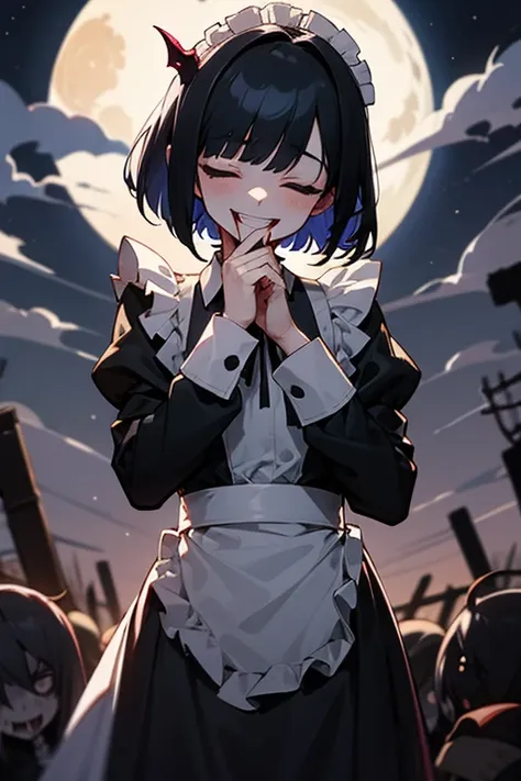 nsfw,Pile of s, closes the eye, black hair, short bob , white skin, slender ,woman,Blind,closed eye,Black long sleeve maid outfit,Full moon night,Crazy smile like your mouth is torn,vampire,Bloody Hands,devilish smile,1girl