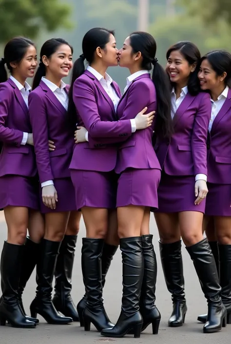 A group of 10 Bangladeshian 56-years-old ordinary a bit chunk hostesses wearing a violet blazer, violet miniskirt, white blouse, white cotton gloves, white nylons and {wrinkled stiletto over the knee sleeved leather black boots}. In the middle two of them ...