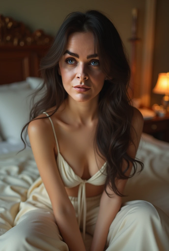 a girl sitting on a bed, beautiful detailed eyes dark brown with a green tinge, beautiful lips, extremely detailed eyes and face, long eyelashes, elegant pose, 5 fingers on each hand, regardless of pose, romantic atmosphere, warm lighting, soft bedding, pa...