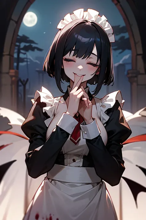 nsfw,Pile of s, closes the eye, black hair, short bob , white skin, slender ,woman,Blind,closed eye,Black long sleeve maid outfit,Full moon night,Crazy smile like your mouth is torn,vampire,Bloody Hands,devilish smile,1girl