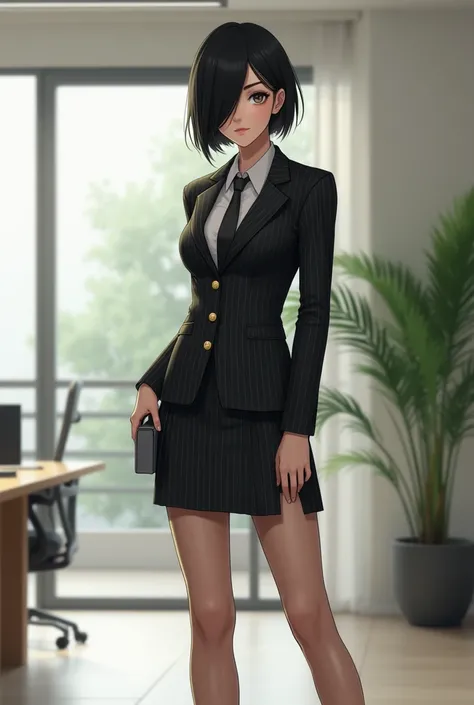 A full-body depiction of a young professional woman resembling a secretary. She has a black short bob with bang cover her eyes, eyeless, a confident and approachable expression, and wears a pinstripe blazer with a matching skirt and a white shirt paired wi...