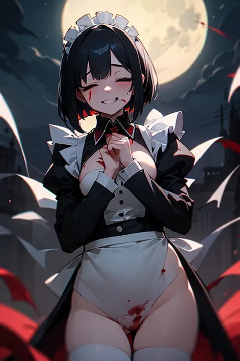 nsfw,Pile of s, closes the eye, black hair, short bob , white skin, slender ,woman,Blind,closed eye,Black long sleeve maid outfit,Full moon night,Crazy smile like your mouth is torn,vampire,Bloody Hands,devilish smile,1girl