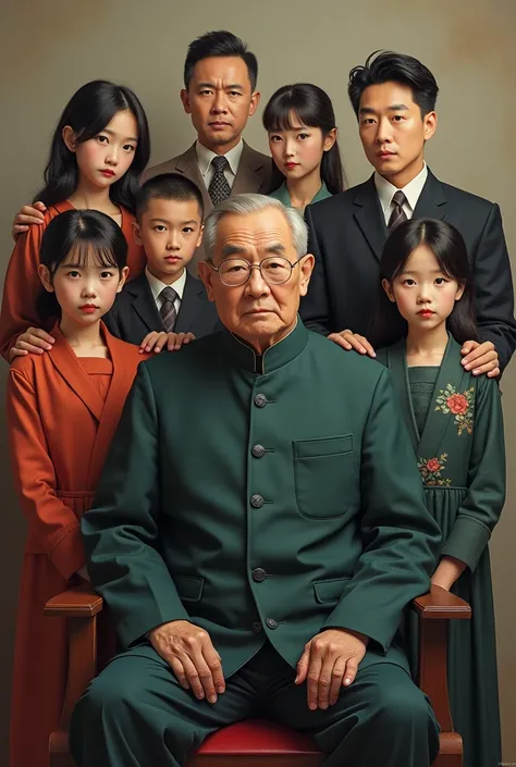 Give me a picture of a crowded chinese family member sitting facing forward with the oldest seated grandfather sitting in the middle of them. They wear formal clothes and the atmosphere of the picture is tense 


