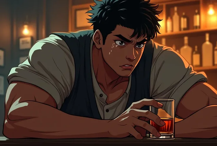 bigboy,muscular men,teenage,black messy short hair,male holding a glass of wisky,sobbing,bar,good lighting