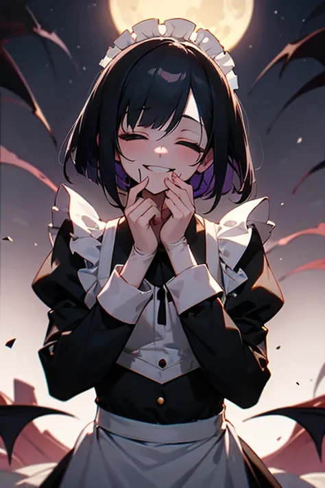 nsfw,Pile of s, closes the eye, black hair, short bob , white skin, slender ,woman,Blind,closed eye,Black long sleeve maid outfit,Full moon night,Crazy smile like your mouth is torn,vampire,Bloody Hands,devilish smile,1girl