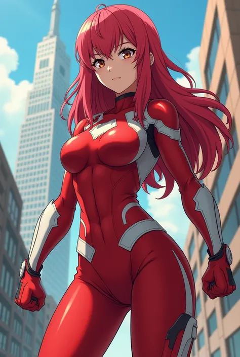    My Hero Academia Style ,     anime girl   , woman, young woman ,    full body shot  ,( Combat Stance :1.3), long hair,  Red Hair,    Brown Eyes  ,  hero suit, Full Body Suit,   red suit with white details,   Perfect Anatomy ,  Reinforced ABS ,  super de...