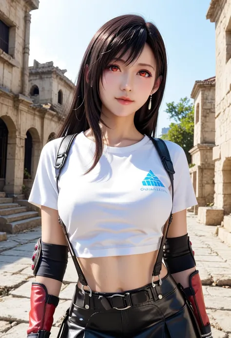  ultra-realistic pictures 、 RAW photos 、 realism、 3d rendering、 Unity Engine 、 Holographic 、BRAEK 1 GIRL,  Tifa Lockhart,  Final Fantasy, long black 髪, red eyes,  White Crop Top , Elbow pads, Fingerless gloves,  suspenders,  white t-shirt ,  short skirt , ...