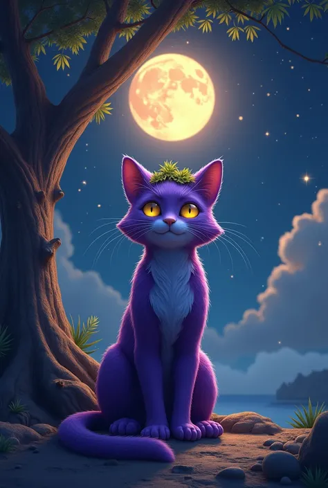 A feline about 70 cm tall ,  with yellow-eyed purple fur , with a crown of palm leaves on his head ,  sitting under a tree at night with the moon lighting up the place.