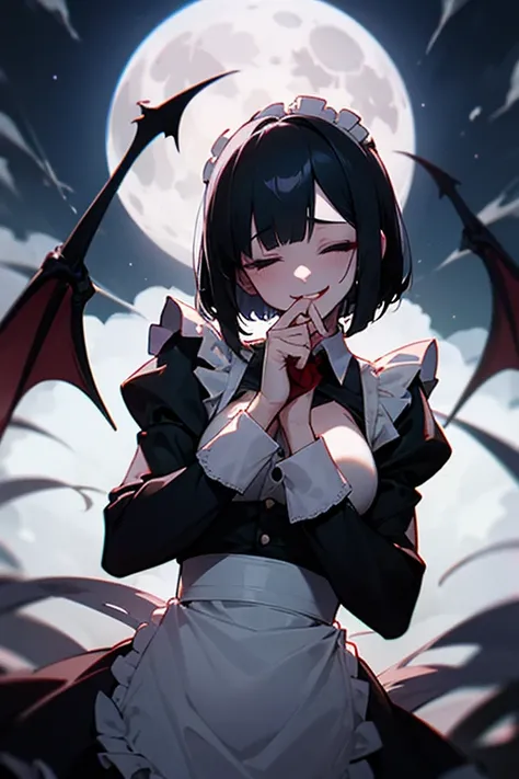 nsfw,Pile of s, closes the eye, black hair, short bob , white skin, slender ,woman,Blind,closed eye,Black long sleeve maid outfit,Full moon night,Crazy smile like your mouth is torn,vampire,Bloody Hands,devilish smile,1girl