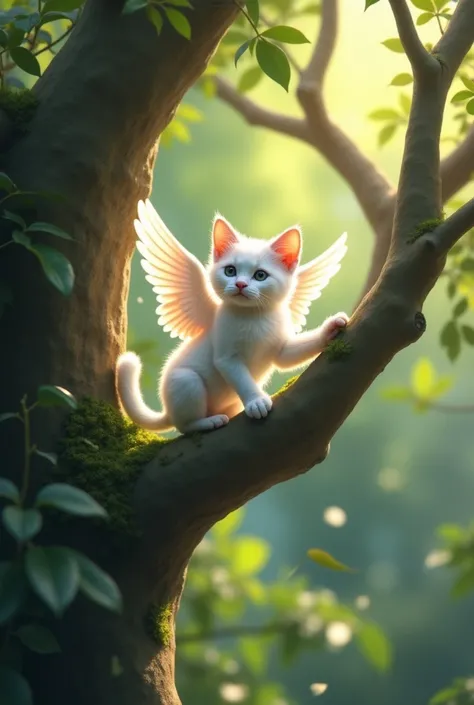 A winged white mini cat is flying up a tree 