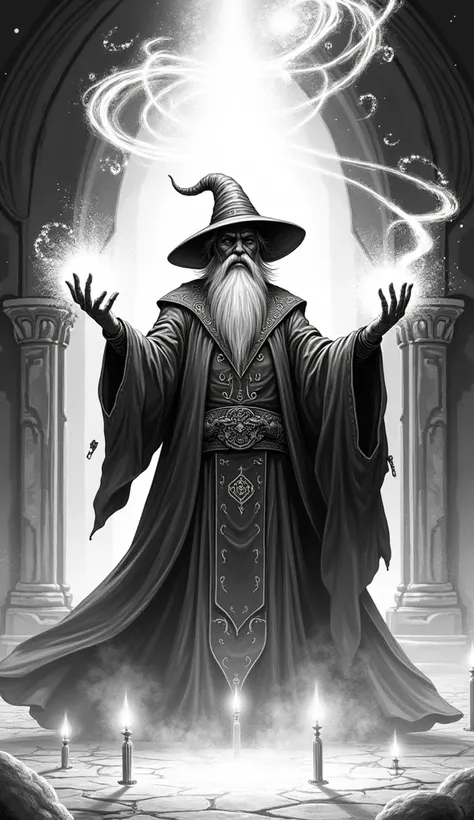 "Generate a wizard casting a spell with swirling magical effects, illustrated entirely in black-and-white."