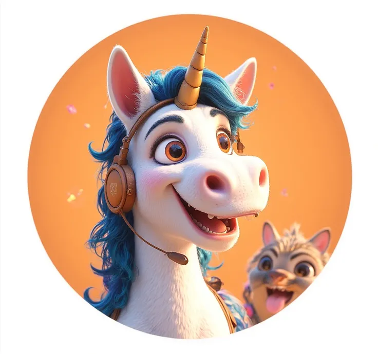 A cute hand-drawn unicorn mascot with a headset, featuring playful and vibrant colors: blue and orange. The unicorn has a cheerful smile, a blue mane, an orange ear, and a golden horn on its head. The style should feel whimsical, friendly, and charming. Th...