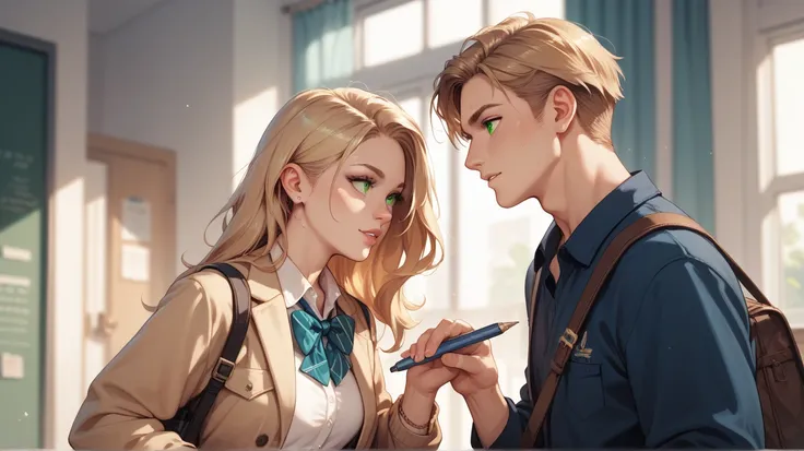 1 woman, student, blonde hair, green eyes, talking with a man with brown hair, with distance