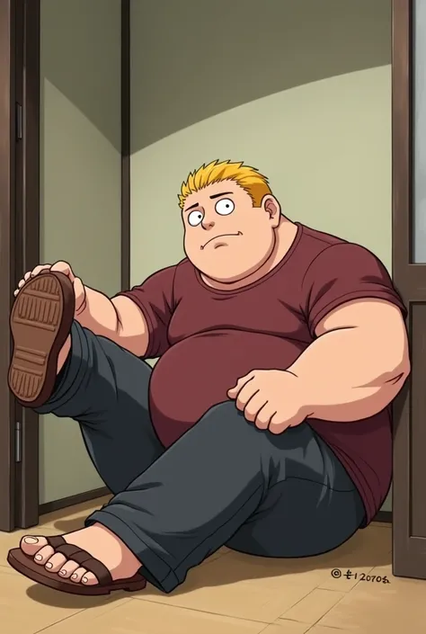 Tall Man, with round face, with thin yellow haircut, less chubby, muscular, in Anime, wears his mahogany shirt, dark gray pants, brown sandals, in the private room, sitting on the floor, kicking his feet