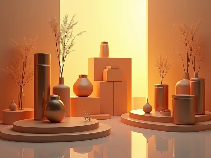 A visually stunning arrangement of containers, artistically and mathematically placed in geometric patterns, bathed in warm, golden light.