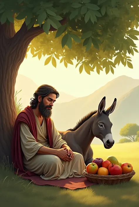 A man and his donkey  sleeping under the tree with busketvof fruits.the donkey also sleeps.during prophet era