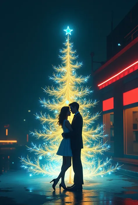 Minimalist design | Twinkling Christmas Tree Romance | Holiday scene | Futuristic Retro illustration | Neon light | Gold; Blue; dark black; red; sleek --ar 3:4 --v 6.1 --stylize 200