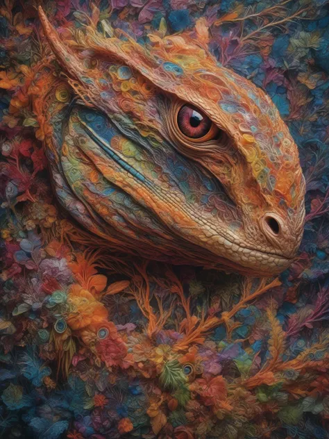 full chameleon photo of Hyperrealistic art Wonderful, intricate, (colorful), (a superb Art Brut Decollage art, Lycanthropic Phoenix), ethereal neural network organism, cyborg dragon:2 girl:0.3, ginger:0.5 biomorph, glass skeleton, skinless:3, anatomical , ...