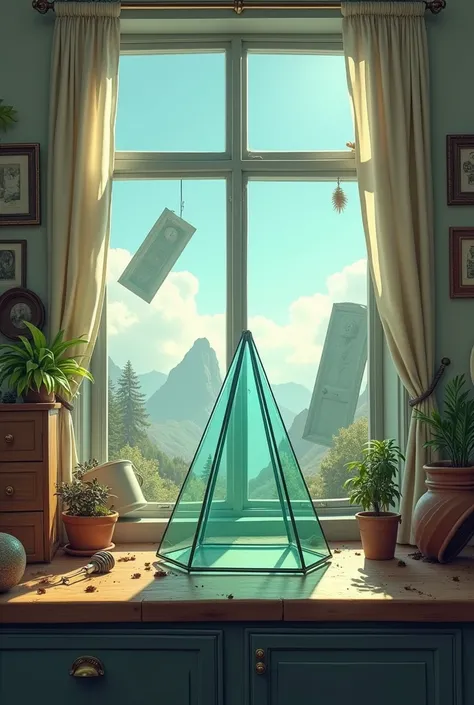 a glass pyramid standing on a countertop, in the background a large room with many elements such as an overturned plant in a pot, a crooked cabinet, crooked pictures on the wall, a crooked curtain, a large window. Outside the window a landscape of mountain...