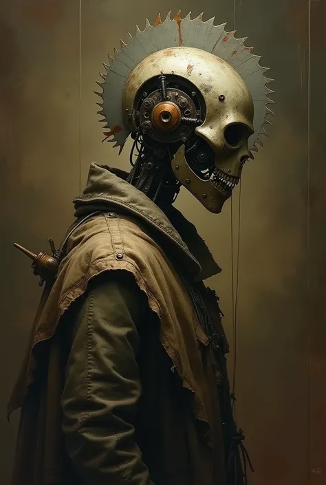 sinister mechanical marionette man in mask with circular saw in head.
warm tones. atmospheric. textile.  fine oil art.
clockpunk. grunge. horror. juicy colours. chamber portrait. view from side.