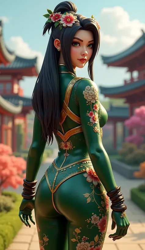 skin de fortnite,  with back to side or facing the observer , Flying the boom boom, Japanese, fortnite style, long straight hair,  dark green eyes, Beautiful,  wearing a green leather suit fully attached to the body, with details in flowers and herbs ,  we...