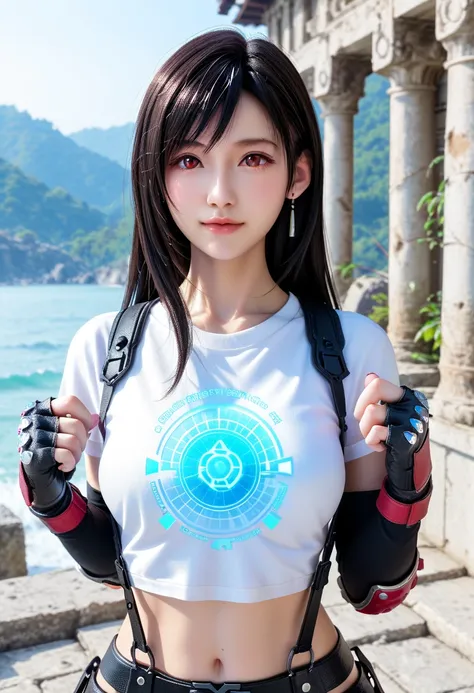 ((( ultra-realistic pictures 、 RAW photos 、 realism、 3d rendering、 Unity Engine 、 Holographic )))、BRAEK 　night、outside、ruins、BRAEK 1 GIRL,  Tifa Lockhart,  Final Fantasy, long black 髪, red eyes,  White Crop Top , Elbow pads, Fingerless gloves,  suspenders,...