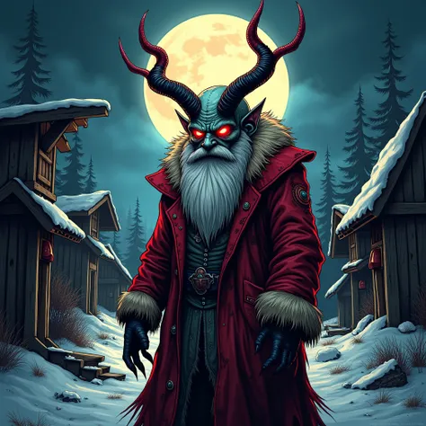 black background,handrawing art,fantasy,edgy,vibrant pop art t-shirt design feature an evil Santa under northern light sky night.character have glowing red eyes,large horns,long white beard,wear tattered red coat stained.Surround with a gloomy, ruined vill...