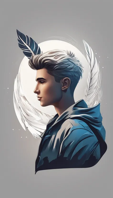 Create a minimal, modern, simple, inspirational, fantastic, poetic, epic, original, memorable, dream like, cinematic logo design of a dreamer boy and a cinematic, memorable feather for the brand “Penamemoria". The logo design must show the friendship and c...