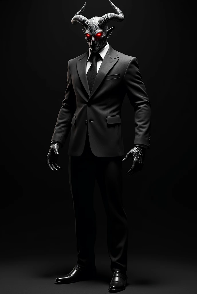 A demon hero villain wearing a black suit on a black background