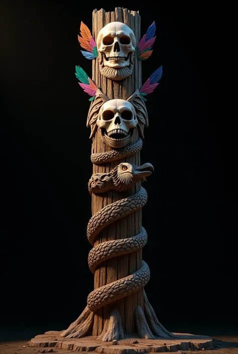  Image-centered Native American Totem, with a skull  , An eagle  , a snake , Feathers  ,  the totem is wooden  , the background is black  