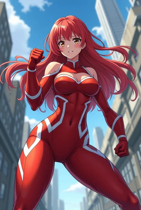    My Hero Academia Style ,     anime girl   , woman, young woman ,    full body shot  ,( Combat Stance :1.3), long hair,  Red Hair,    Brown Eyes  ,  hero suit, Full Body Suit,   red suit with white details,   perfect anatomy ,  Reinforced ABS ,  super de...