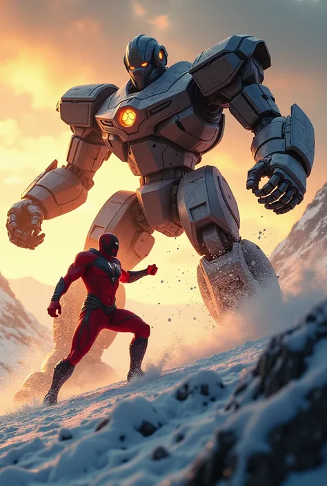 A superhero battles a giant robot on the slopes of a snowy mountain. The mountain is scarred by the impact of their powerful attacks, with snow and ice flying in all directions. The background features a dramatic sunset, casting long shadows and a golden g...