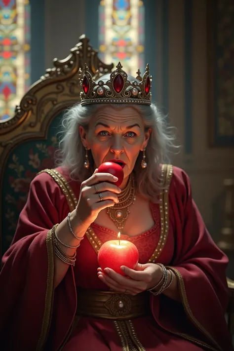 An elderly queen eats an apple and turns into a young girl, fairy tale