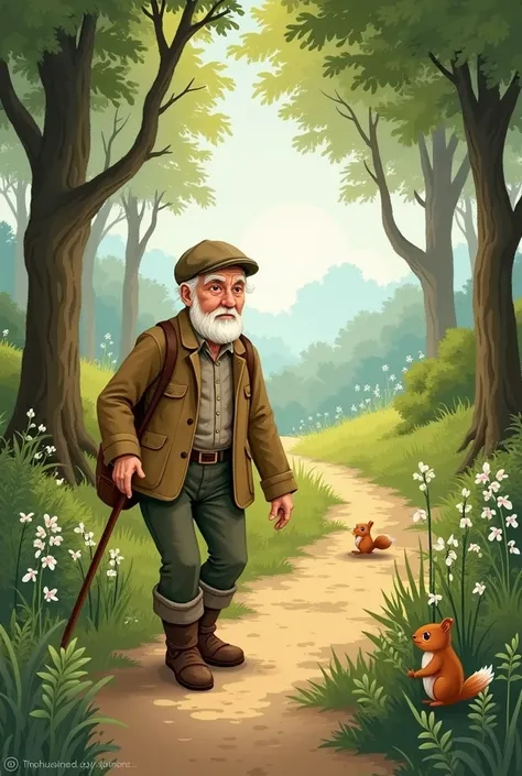 grand-père qui marche dans les bois illustration