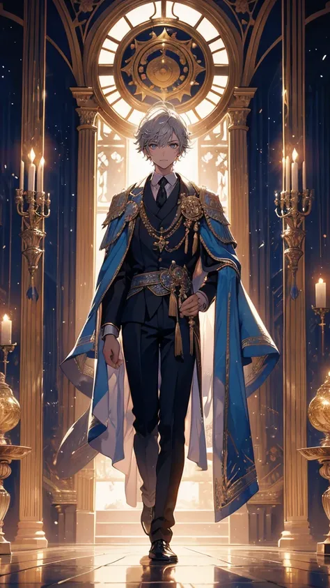 “A noble and conflicted young man, Leonor Alvan is dressed in elegant, finely tailored robes that mark his high status in the magical academy. His short, neat silver hair contrasts with his sharp, thoughtful gaze. He carries a magical staff adorned with gl...