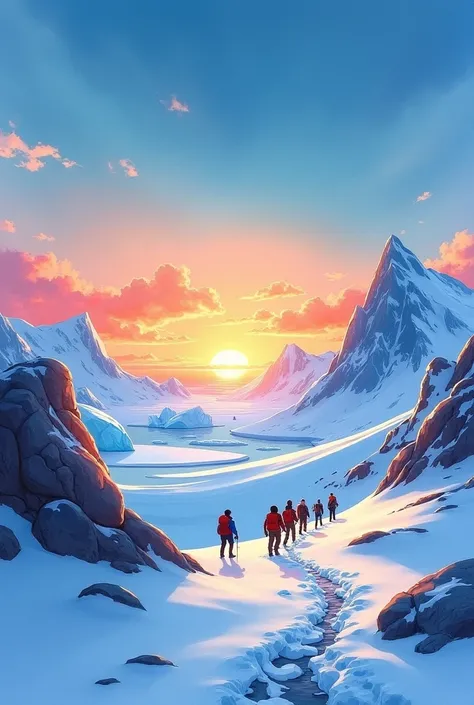  best Antarctic watercolor landscape illustration， blue skies ，People hiking ， icebergs and sunsets in the distance ， Color Bright 