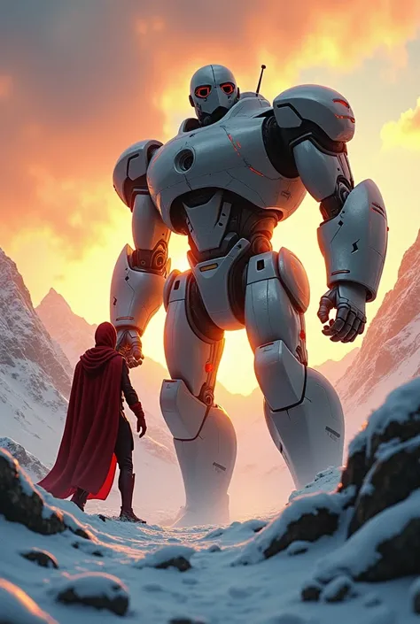 A colossal, metallic robot, gray-toned with highlights of light orange, stands poised amidst snow-covered mountains.  Its imposing presence commands the scene. A smaller, athletic figure, clad in crimson spandex superhero attire, confronts the colossal mac...