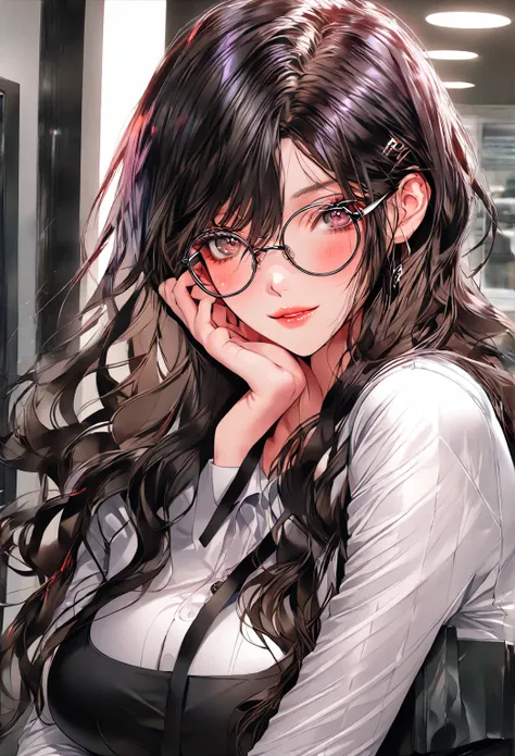 ((highest quality)), ((masterpiece)), (detailed), (front view), (one girl), sexy, shiny skin, glossy skin, height 168cm, bust 120cm, big breast, housewife, black hair, A mother with warm eyes, Wearing round glasses, Looking at viewer with gentle eyes, cool...