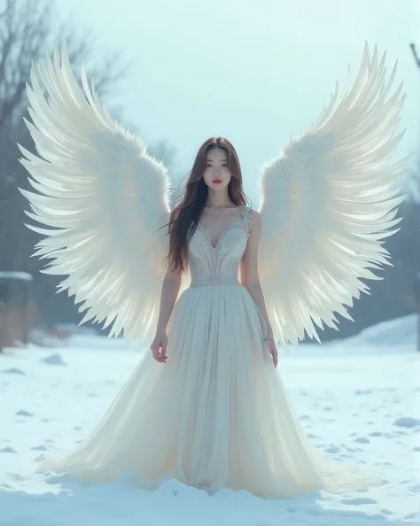 Jennie dressed with wings in a snowy landscape  