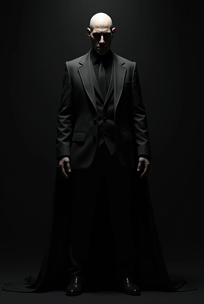 Villain in a black suit staring at a black background