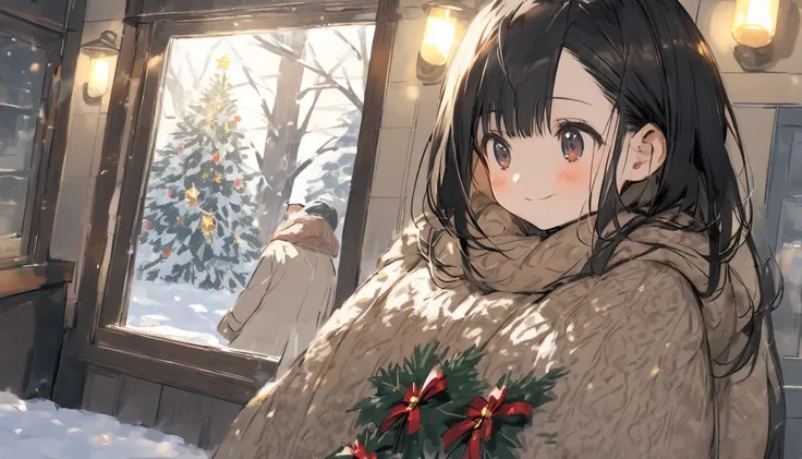 Classroom Scene: Snow falls through the window and ,  The interior of the classroom is decorated in a warm Christmas atmosphere {x}, which gives a warm and cool feeling at the same time. Character: Main Character A (boy): Short black hair with slightly mes...