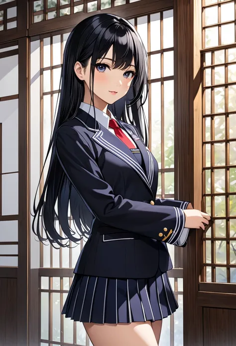 (( best quality )), ((masterpiece)),full body.Japanese beauty、Alluring、 black hair、 long hair、Straight hair 、 princess cut、 blazer uniform、