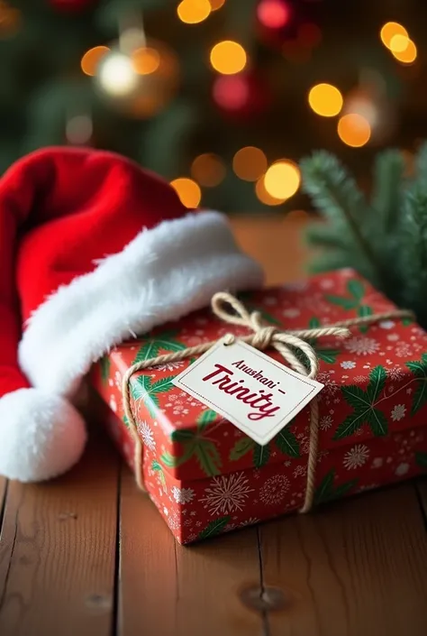 A gift parcel wrapped in a Christmas theme, the name "ANUSHANI - TRINITY" written across it, lying on a table, Santa Clauss hat next to it, 