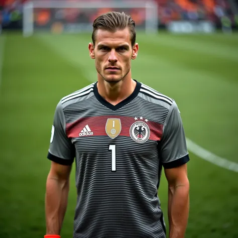 Manual Neuer 
A Germany Football Player Goalkeeper 
Jersey Number 1 on Front and Behind 
Adidas Logo On Right Side 
4 Star Germany National Football Team Logo On Left Side 
On the Football Field 
Full Body Image 