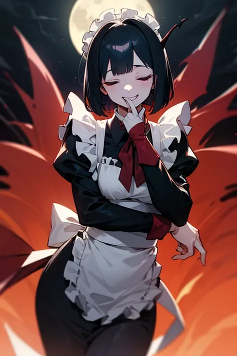 Pile of s,Bloody Hands , closes the eye, black hair, short bob , white skin, slender ,woman,Blind,closed eye,Black long sleeve maid outfit,Full moon night,Crazy smile like your mouth is torn,vampire,devilish smile,1girl,amputated male head