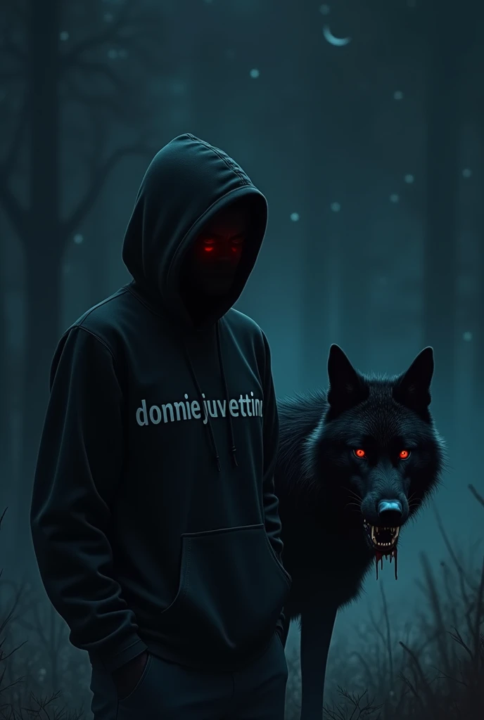 A man stood alone in the dark night with red eyes wearing a hoodie Donnie juventino written on it in white looking up at the sky, seen beside the man was a wolf with black fur showing its drooling mouth and sharp fangs.