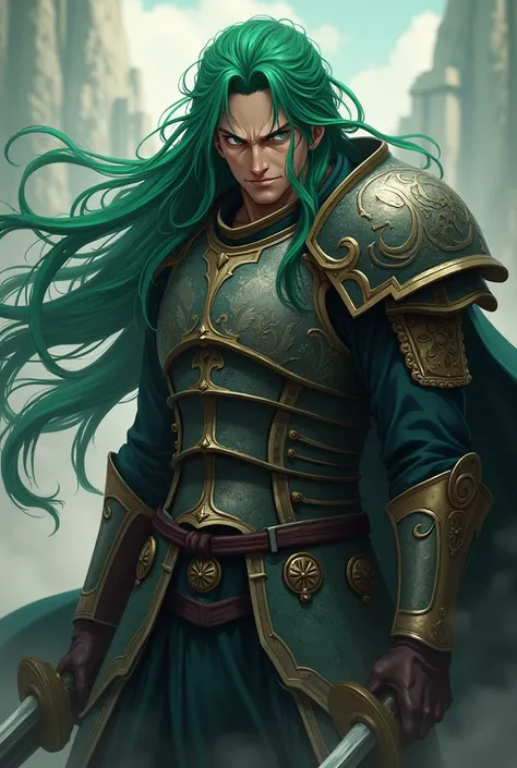  Create a photo similar to songoku long green hair covering the back of the hand   , wearing triple grip armor ,, the style looks like an onpice movie 