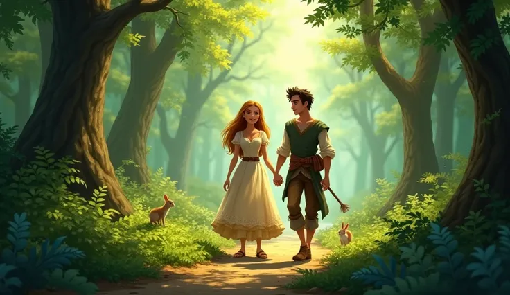 Princess and poor Jack in the forest_
    - princess and poor Jack walking hand in hand through a dense forest, surrounded by tall trees and underbrush.
    - They should be looking happy and relieved, with a sense of freedom and adventure..